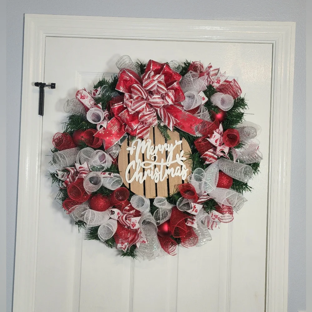 Festive Merry Christmas Wreath - Red, White, Silver